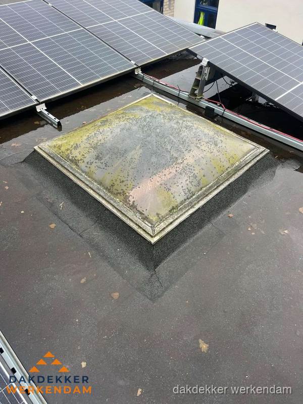 Vervuilde lichtkoepel op plat dak met zonnepanelen in Werkendam Vervuilde lichtkoepel op plat dak met zonnepanelen in Werkendam
