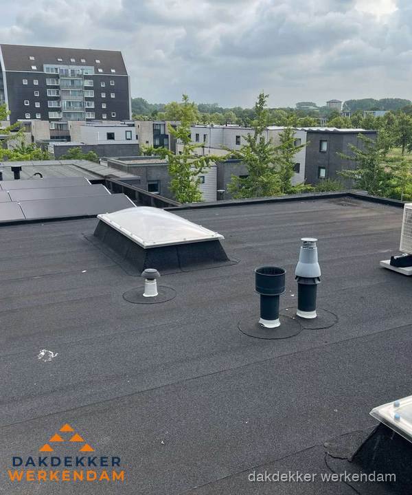Groot plat dak met lichtkoepel en dakdoorvoeren in Werkendam