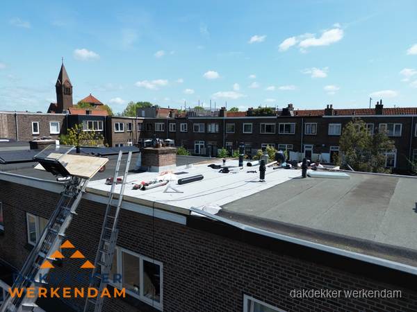 Dakdekkers aan het werk op plat dak in Werkendam