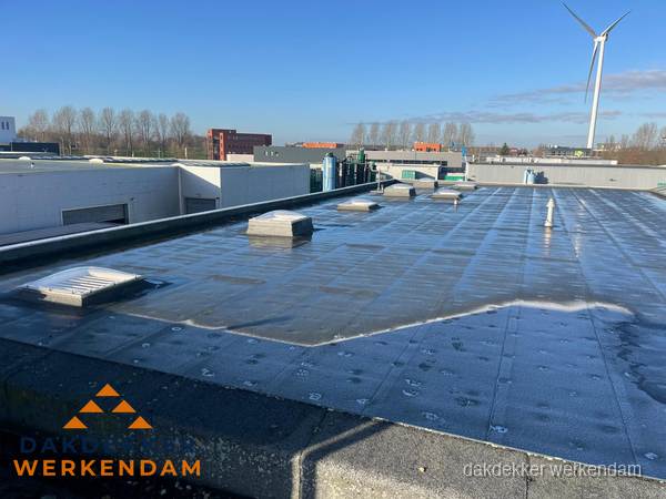 Plat dak bedrijfspand met bitumen dakbedekking en lichtkoepels in Werkendam Plat dak bedrijfspand met bitumen dakbedekking en lichtkoepels in Werkendam